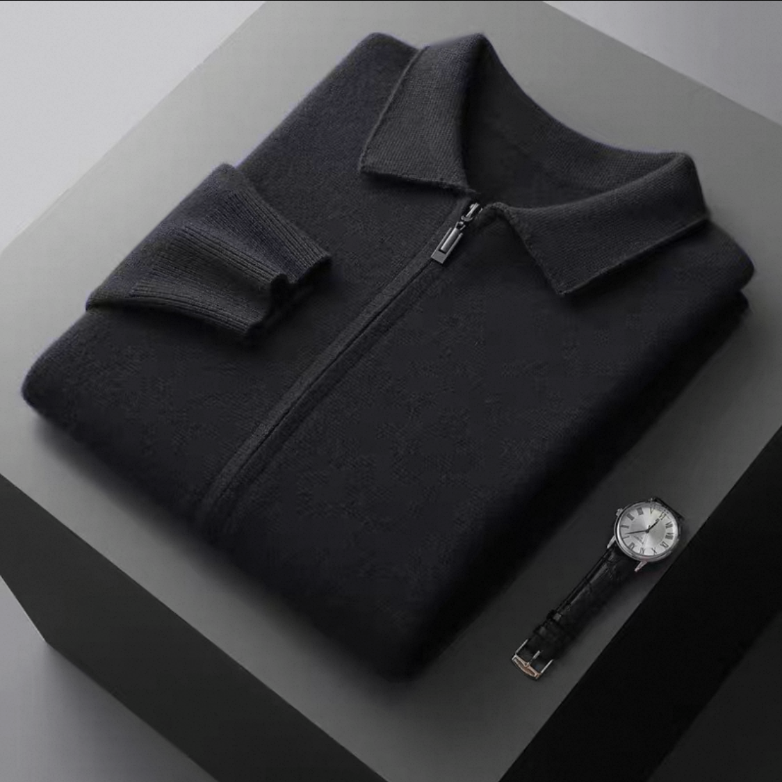 EXTRA-FINE MERINO WOOL ZIP POLO CARDIGAN